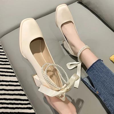 Fashion 2024 New Women's High Heels Bow Tie Thick Heel Square Toe Womens Shoes Shallow Mouth Mary Jane Shoes Fashion Party Shoes Zapatos
