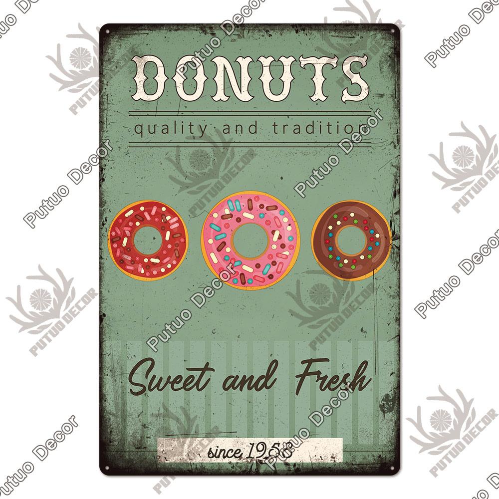 Putuo Decor Donuts Dessert Vintage Plaque Metal Plate Tin Sign Wall Art Decor Retro Poster for Kitchen Cafe Home Iron Painting