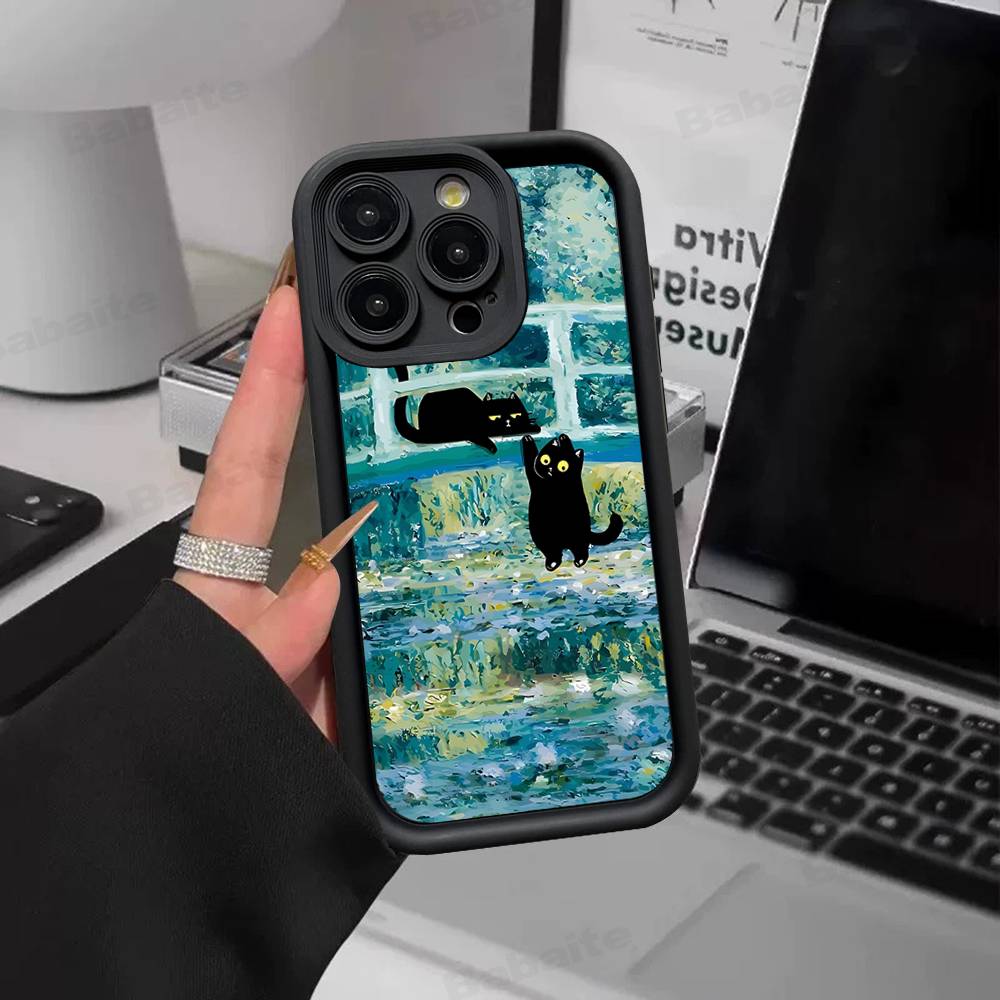 Black Cat Van Gogh Silicone Soft Phone Case For IPhone 17 16 14 13 12 11 15 Pro Max Plus Air Cover