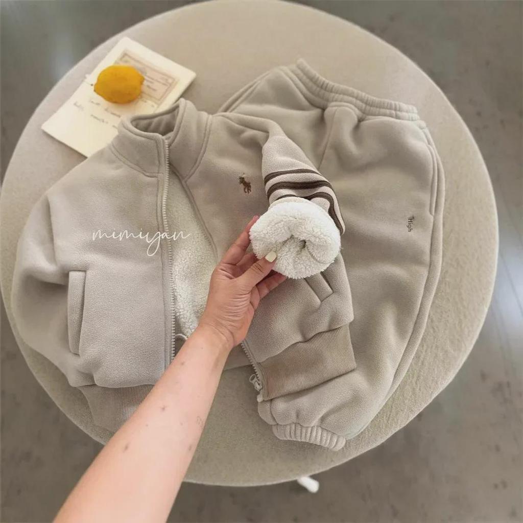 Jachetă caldă de pluș pentru copii 2024 și costum din două piese din lână la modă pentru băieți și fete