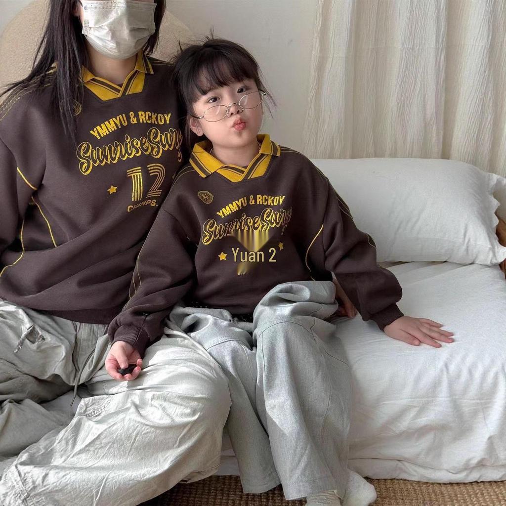 Korean Style Family Matching Autumn V-Neck Sweatshirts: Color Block for Mother-Son or Mother-Daughter