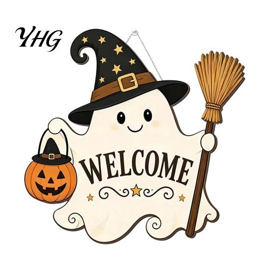 Entryway Wall Plaque Halloween Wooden Ghost Welcome Sign for Front Door, Rustic Cartoon Hanging Door Hanger with Pumpkin Wizard Hat And Broom Holiday