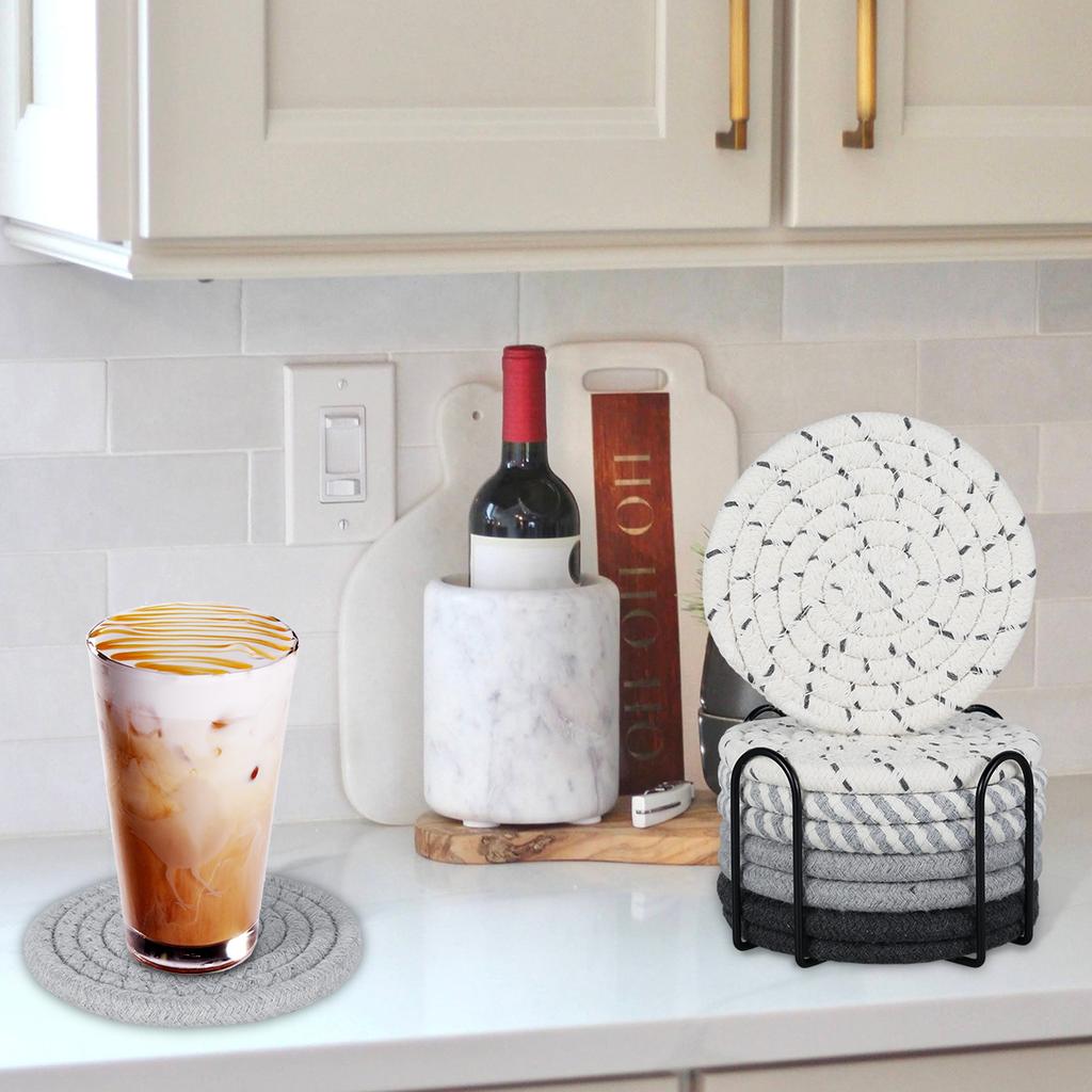 8 Stück Baumwollgewebtes Untersetzer-Set mit Halter für Getränke Bier Kaffee Handgewebte Saugfähige Unterlage Tischplattenschutz für Heimdekor