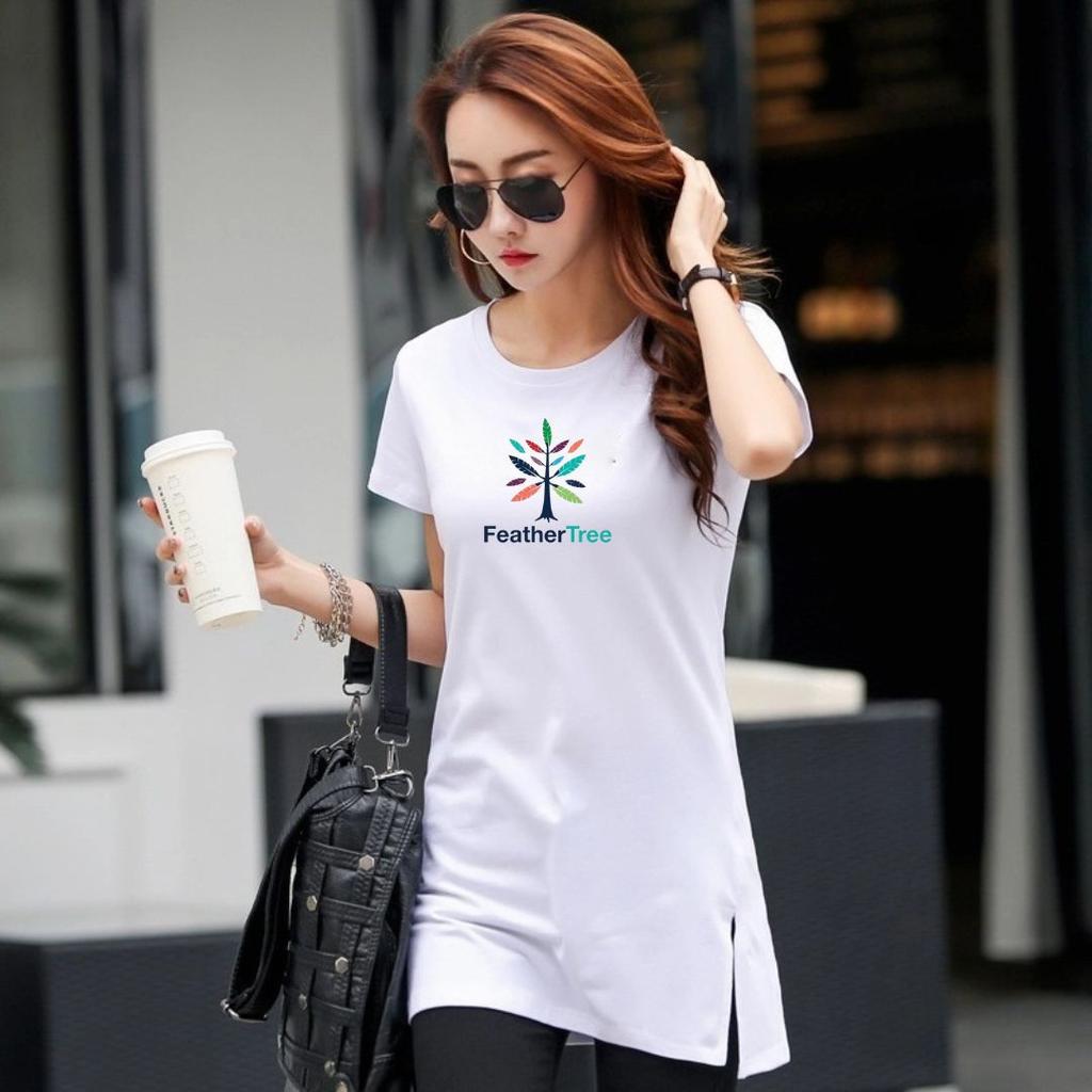 Nowa Bawełniana Koszulka, Krótki Rękaw, Średniej Długości, Z Nadrukiem, Biała Letnia Koszulka, Zakrywająca Brzuch i Biodra