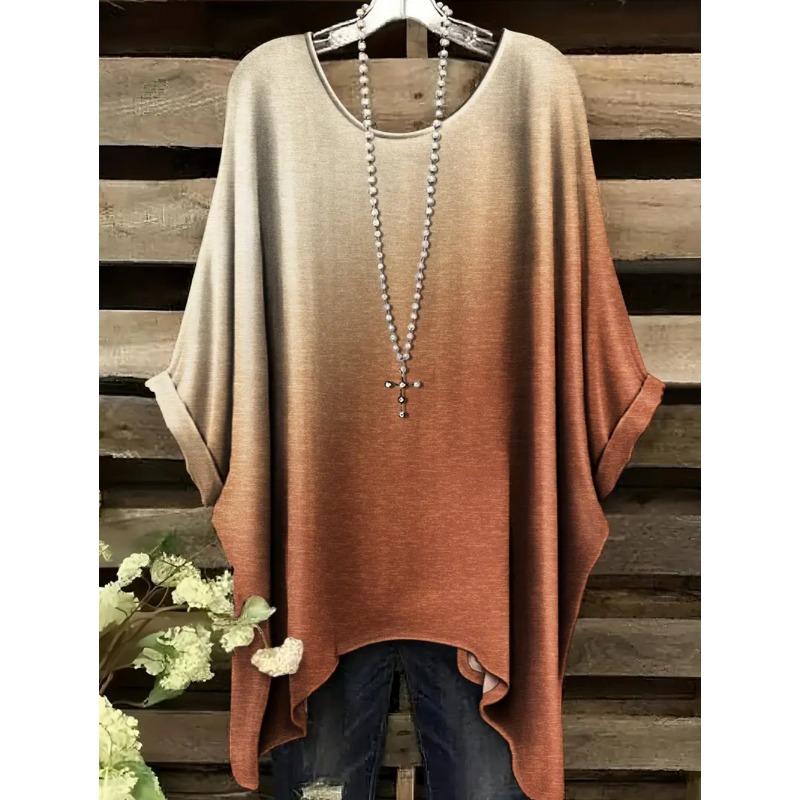 Vintage Women's T-Shirt Color Gradient Print Elegant Asymmetrical Hem O-Neck Short Sleeve Top Casual Fashion Street Outdoor Tops