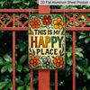 2D Flat, 1pc 2D FLAT Retro 'This Is My Happy Place' Metallic Aluminum Sign with Colorful and Vibrant Flowers 8x12 Inch Outdoor/Indoor Wall Art