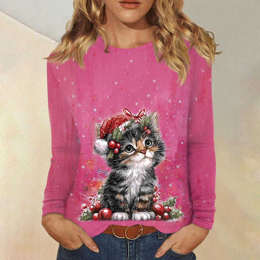 Langermede skjorter for kvinner Søt trykk grafisk t-skjorte Bluser Uformell Pluss størrelse Basic Topper Pullover