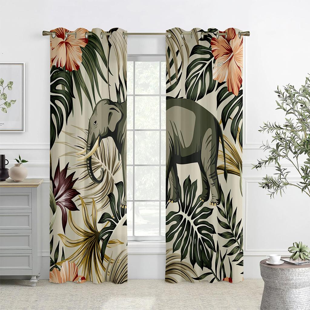 Závěsy se zvířecím potiskem v deštném pralese, polozatemňovací, závěsy s poutky na tyč pro kuchyň, kavárnu, obývací pokoj, domácí dekorace