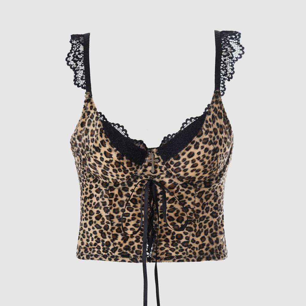 Y2K Velvet Lace Leopard Print Camisole: Sexy Tight-Fit Bandage Top