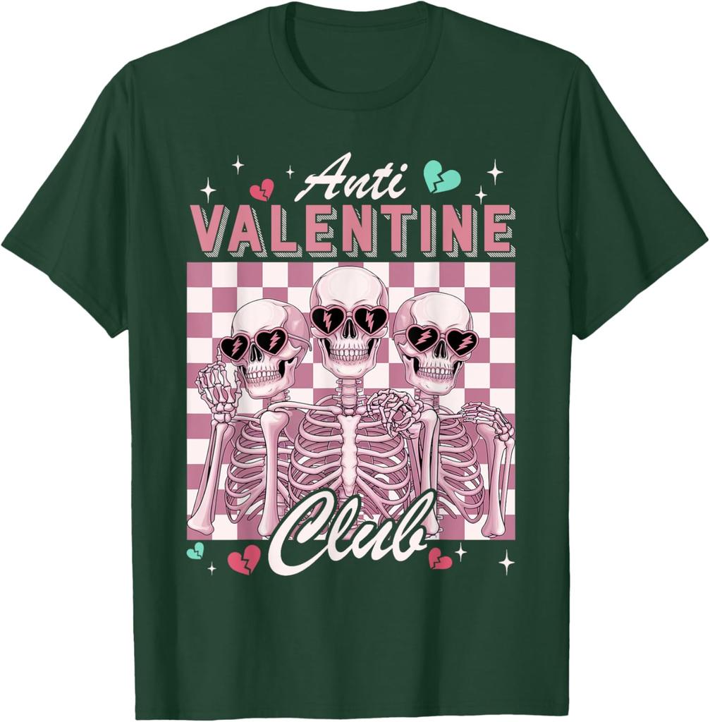 Anti-Valentinstag-Club-Skelett-Grafik-T-Shirt, lustiges Single-Day-Freizeit-Rundhals-T-Shirt für Männer und Frauen