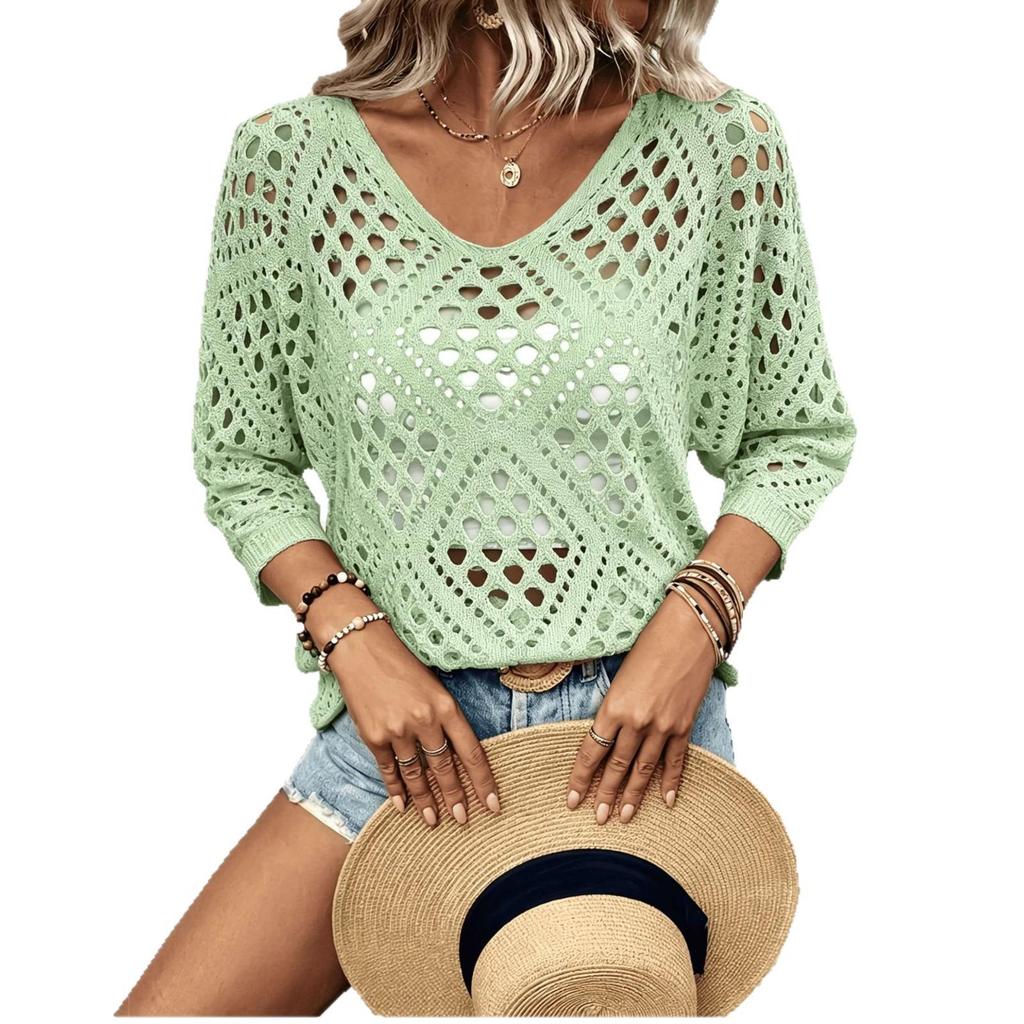 2026 Women's Solid Color Knit Mesh Sweater: European & American Versatile Loose Fit