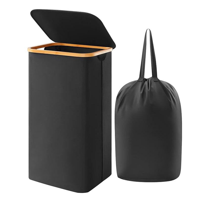Bamboo Frame Oxford Cloth Folding Laundry Basket with Inner Bag.
