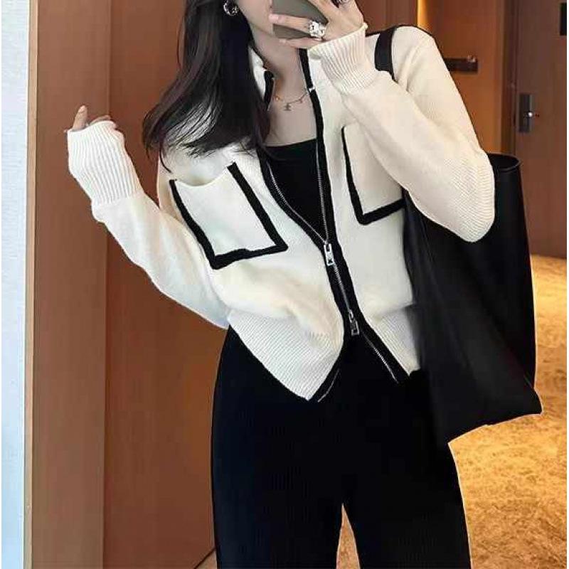 

Contrasting color double zipper sweater jacket women s autumn and winter new lazy wind knitted cardigan one size fits all белый