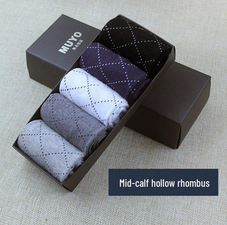 Zhuji Men's Mid-Calf Socks: 5-Pair Gift Box - Warm, Sweat-Absorbent, Thickened Combed Cotton for Autumn/Winter.