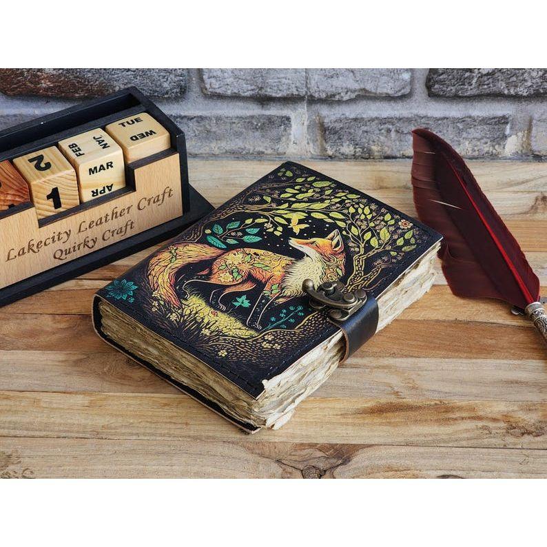 Fox Leather Vintage Look Handmade Leather Journal, Grimoire Fat Journal Blank Spell Book of Shadows Celestial Christmas Gifts