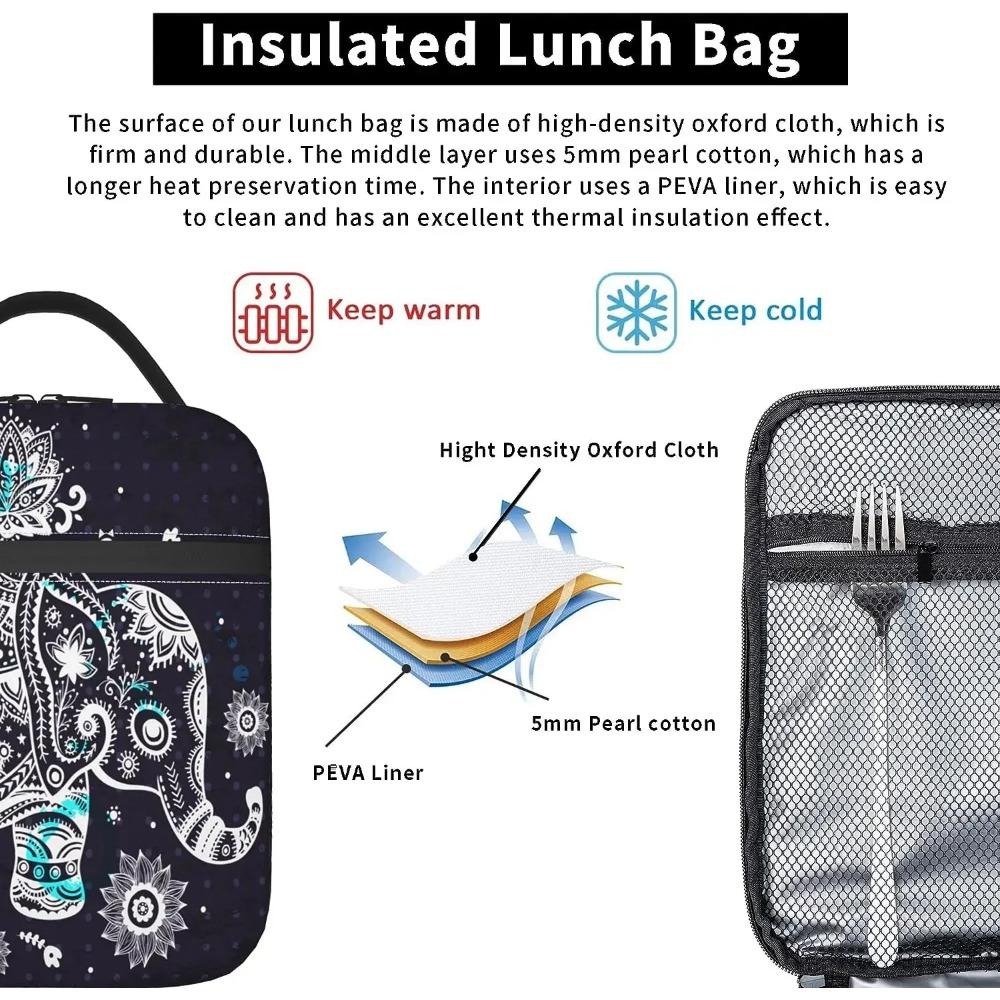 Elephant Lotus Flowers Insulated Lunch Bag Lunch Box Tote Cooler Reusable Thermal Lunch Pail Outdoors Meal Bag for Women Men