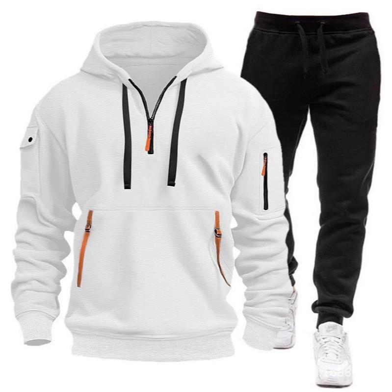 Men's Multi-Pocket Hoodie and Sweatpants Set - Solid Color, Spring/Autumn Sportswear