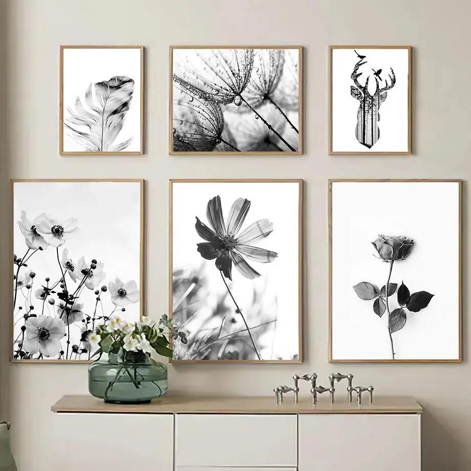 Black White Dandelion Blooming Flower Canvas Paintings Modern Minimalist Flower Plant Wall Art Poster Prints for Room Home Decor