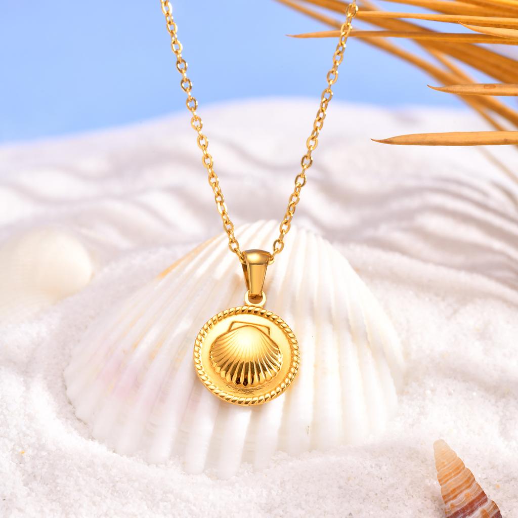 New Trendy Round Brand Pendant Necklace Stainless Steel Full-gloss Shell Medal Pendant Niche Design Net Red Same Necklace