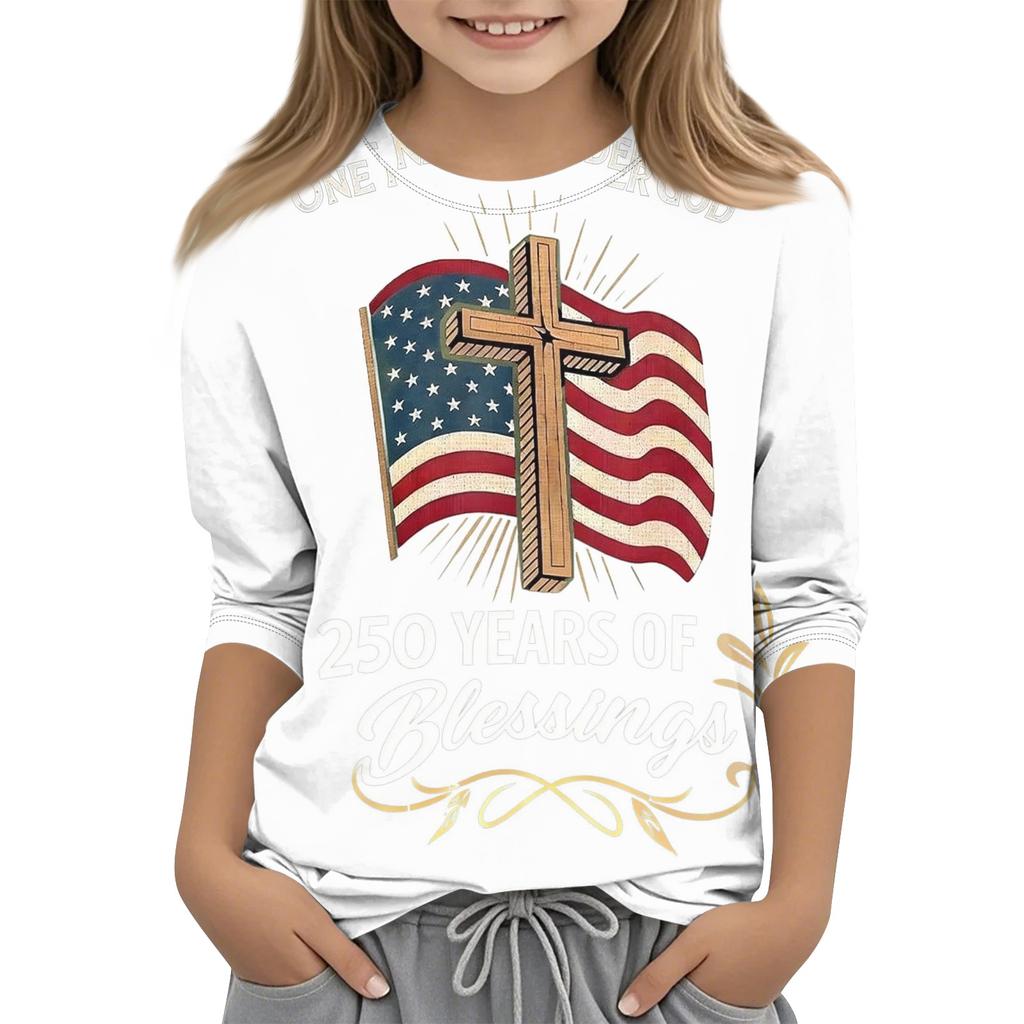 T-shirt décontracté pour enfant avec imprimé Jour de l'Indépendance, col rond, manches trois quarts