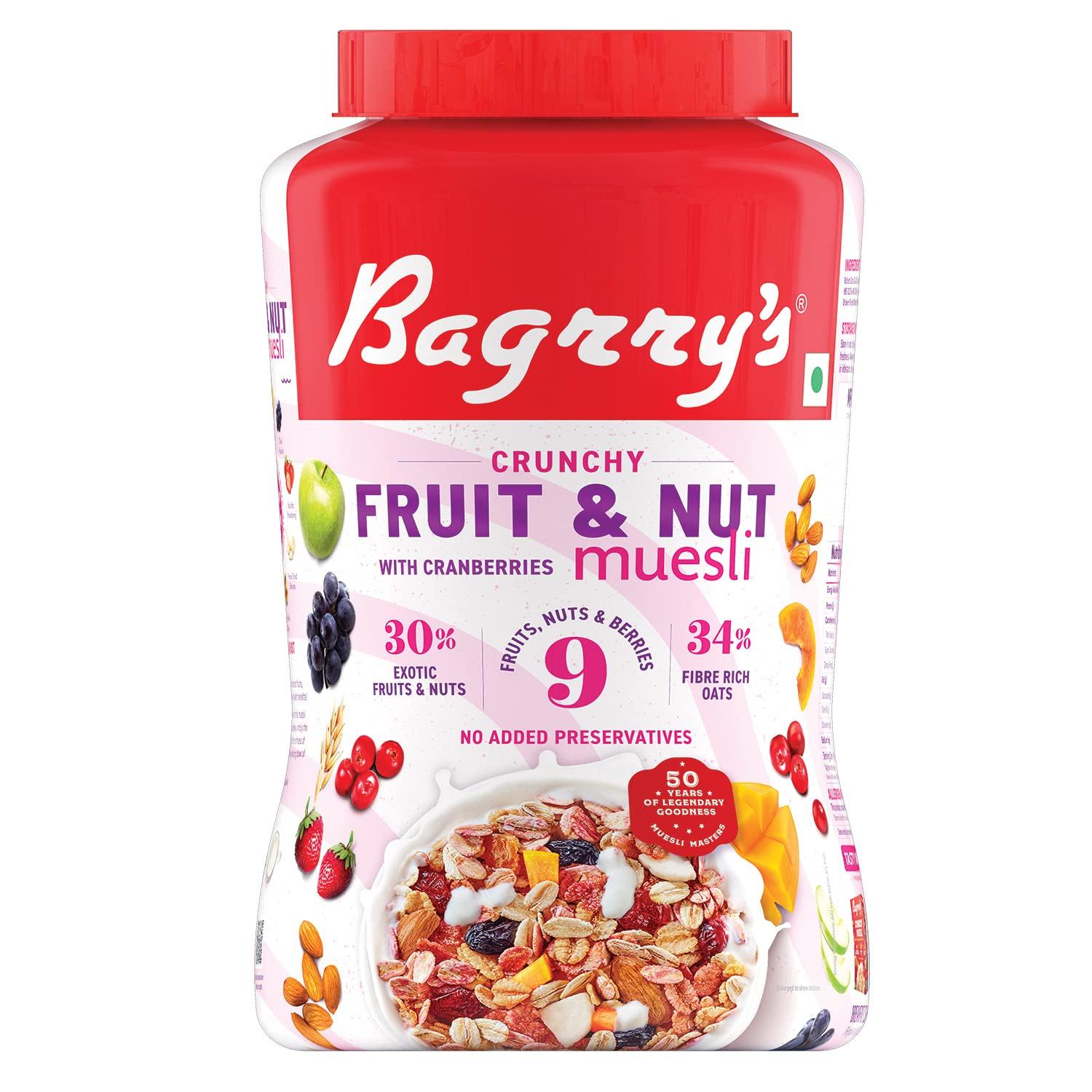 

Bagrry s Crunchy Fruit & Nut Muesli With 30% Fruits & Nuts - 1kg Jar | 38% Fibre Rich Non GMO Oats | 16 Real & Freeze Dried Fruits & Nuts Muesli