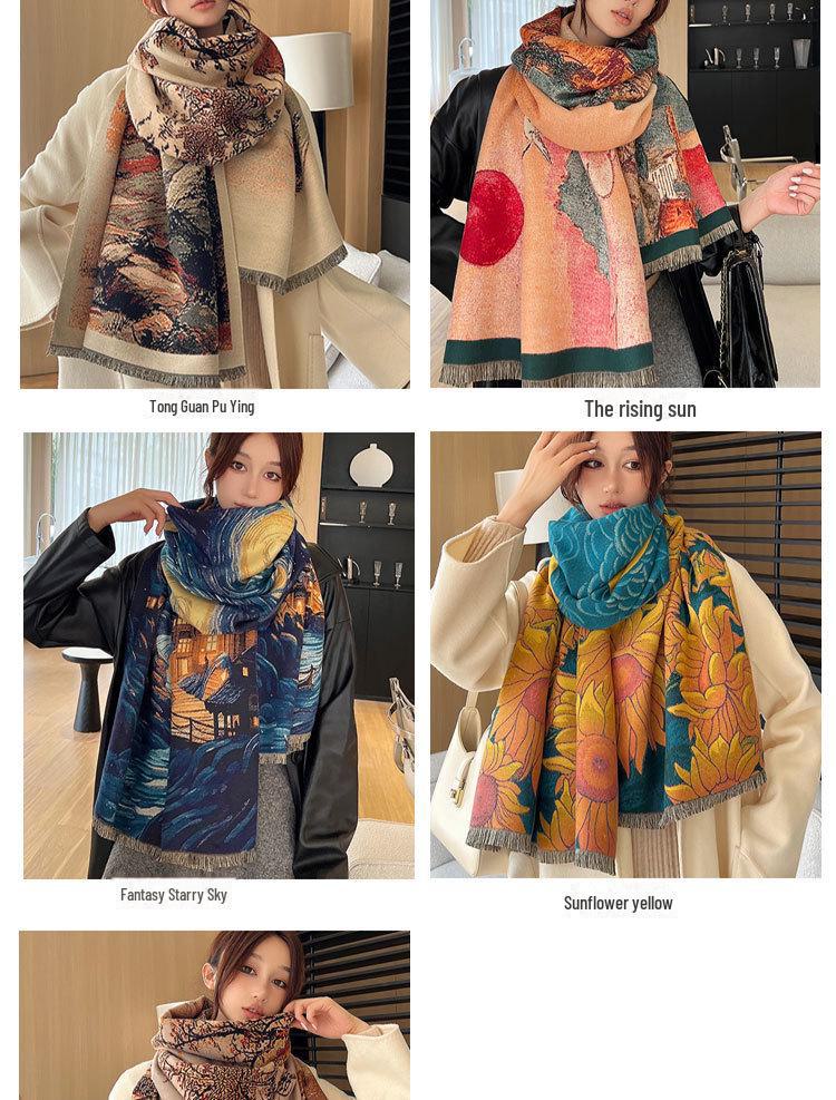 Ethnic Style Landscape Oil Painting Scarf - Autumn/Winter Fashion for Female Students, Warm Imitation Cashmere Shawl