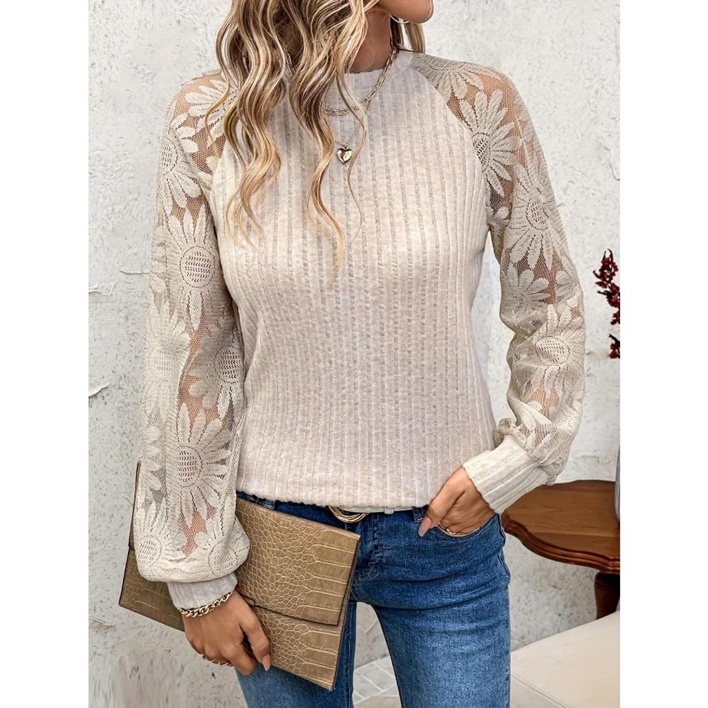 Women's Spring Fall Lace Patchwork Long Sleeve Crew Neck Hollow Out Pullover Top