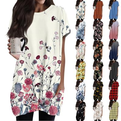Women's Fashion Casual Short Sleeve Print Round Neck Double Pocket T-Shirt Top
