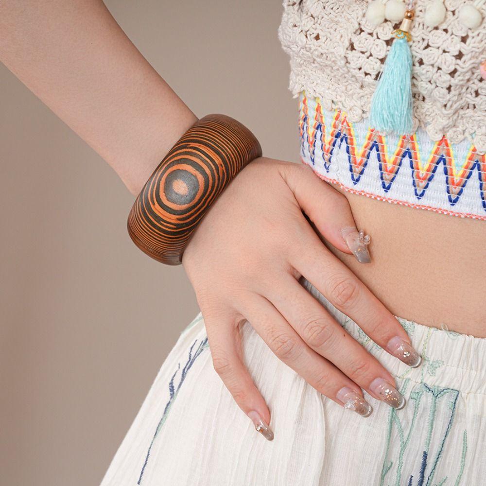 Bohemian Strip Pattern Bracelet Europe American Style Retro  Hand Ring Wood Wide Bangle  Women
