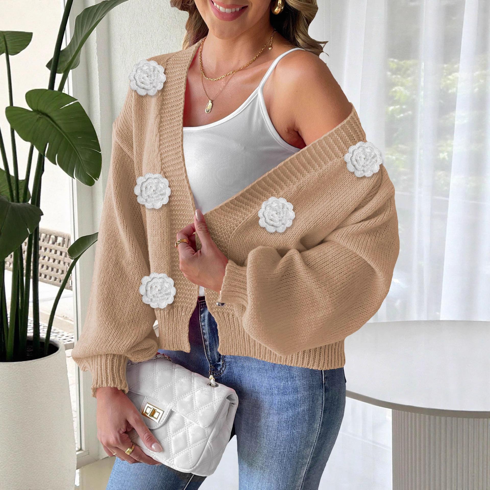 

New Autumn and Winter Cardigan, A Three-dimensional Pure Hand-crocheted Patchwork Sweater Coat for Women S хакі