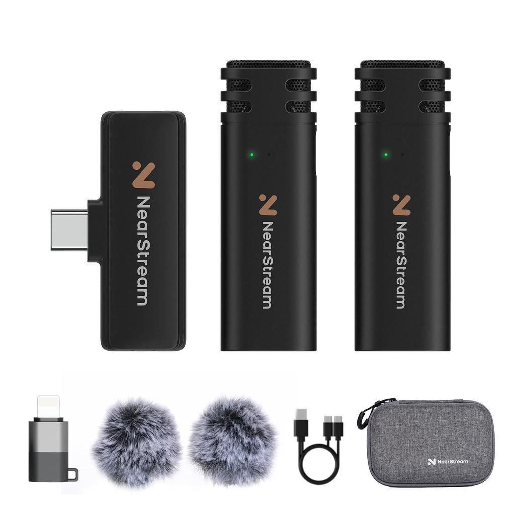 NearStream AWM10T Wireless Lavalier Microphone for iPhone, Android, and PC Smartphones, Includes 2 Transmitters and 1 Receiver, USB Type-C To