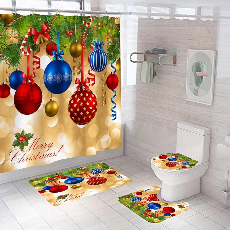 New Christmas Ball Shower Curtain Set Christmas Bath Mat Set Carpet Toilet Cover Bath Mat Room Set Decoration Non-Slip Carpet