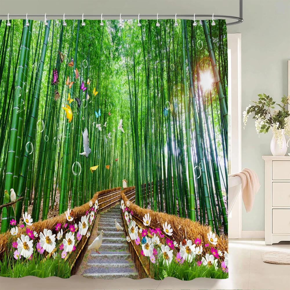 3D Green Bamboo Forest Bamboo Printing Bathroom Shower Curtain Polyester Waterproof and Mildew Proof Home Decoration Curtain