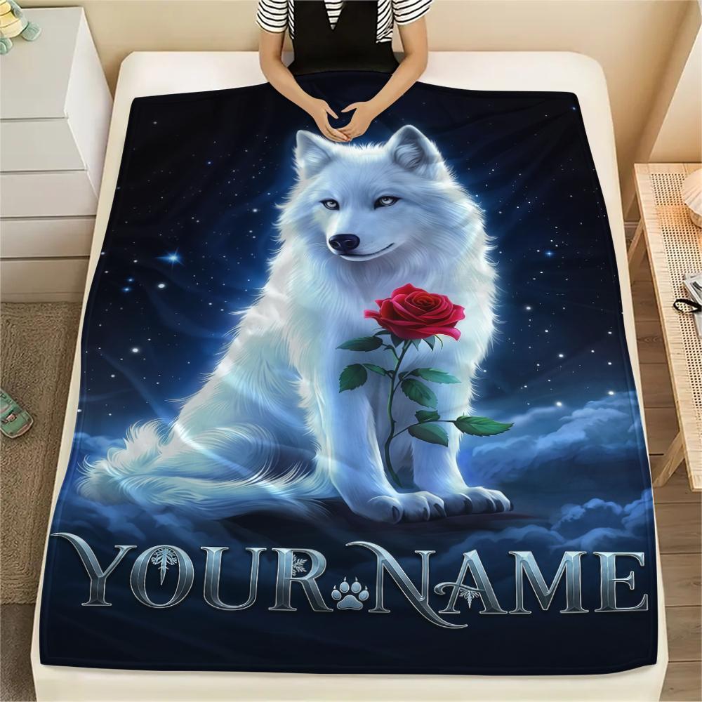 1PC Custom Name Wolf Dreamcatcher Night Patterned Flannel Blanket Suitable For All Seasons for Home Decor Warmth and Comfort Gifts Holiday Present_lx
