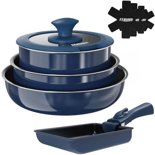 FERLORD 9-Piece Frying Pan Set, Induction and Gas Compatible, Detachable Handles, Diamond Coating, Non-Stick, Easy To Use, Easy To Clean, Single-Perso