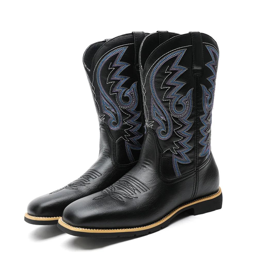 Fashion Men's Creative Pattern Embroidered Retro Rope Boots, Wide-toed Men's Cowboy Boots, High-top Riding 2025 New