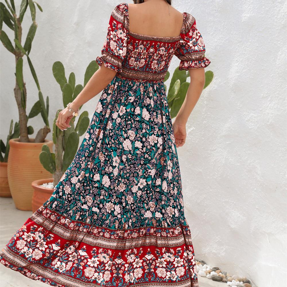 GMXIA New Beach Vacation Dress One Shoulder Puff Sleeve Midi Dress