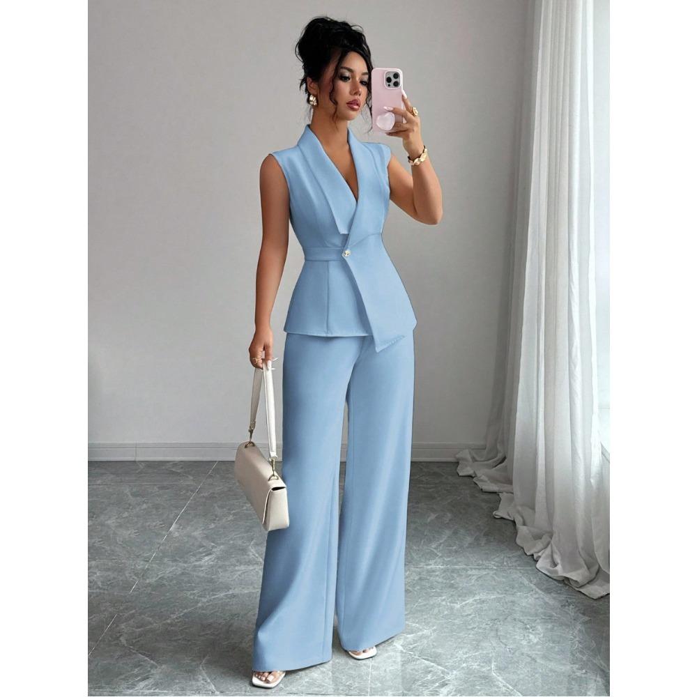 Women's Relaxed Fit Two Piece Pantsuit Sleeveless Blazer Top High Waist Wide Leg Trousers Solid Color Elegant Commuter Matching Outfit