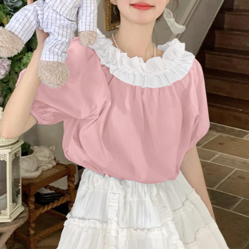 

VONDA Женские летние блузки с короткими рукавами и оборками с круглым вырезом S розовый