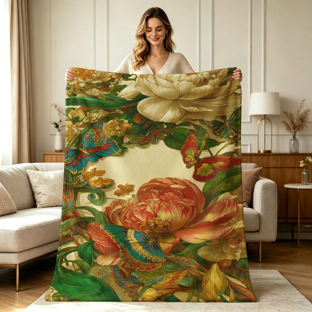 All Season Soft Flannel Blanket with Vintage Floral Butterfly Print Warm Cozy Throw Blanket for Couch Sofa Bed Living Room Office Home Decor