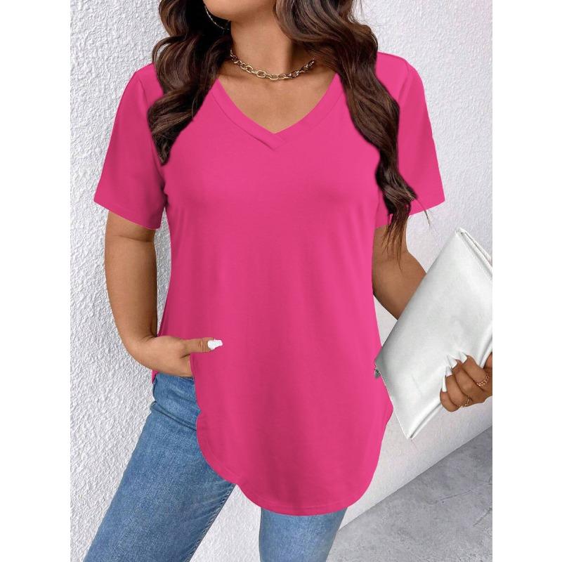 

Summer Pure Color Loose Short-sleeved V-neck Large Size Women s T-shirts S рожевий червоний колір