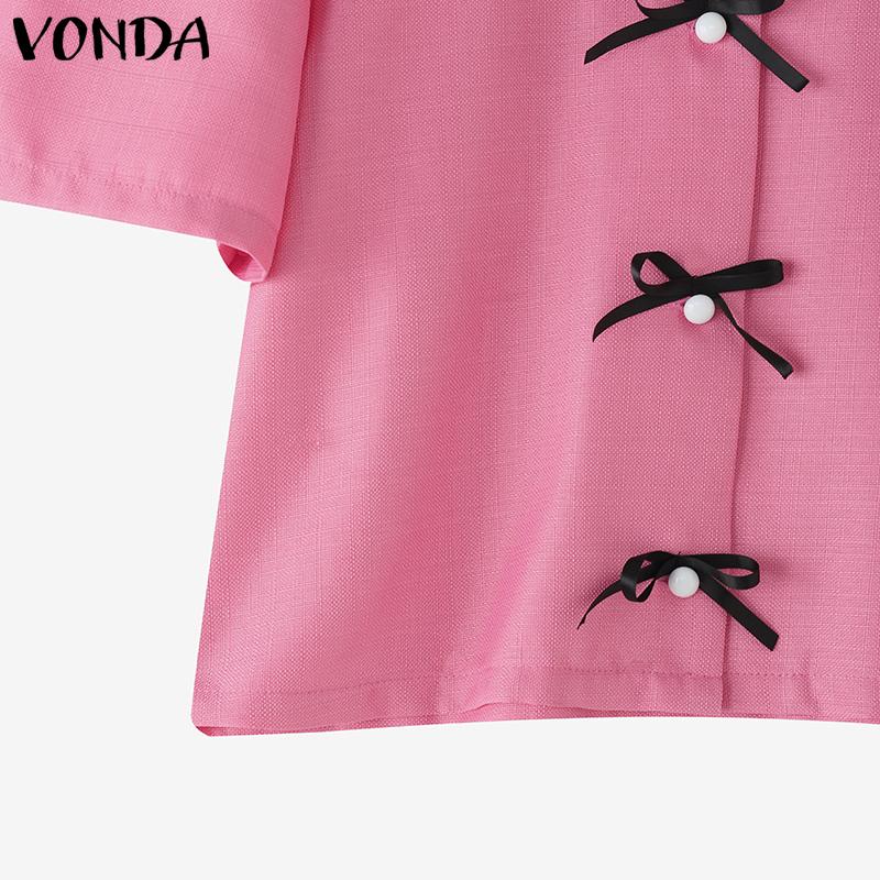 VONDA Summer Women Girls Short Sleeve Front Bow Knot Casual Cropped Elegant Blouse