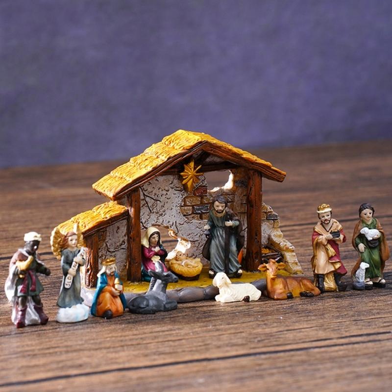 Nativity Statues Figures Set Resins Manger Scene Minaiture Figurines Ornaments for Mantels and Shelf Christmas Decors