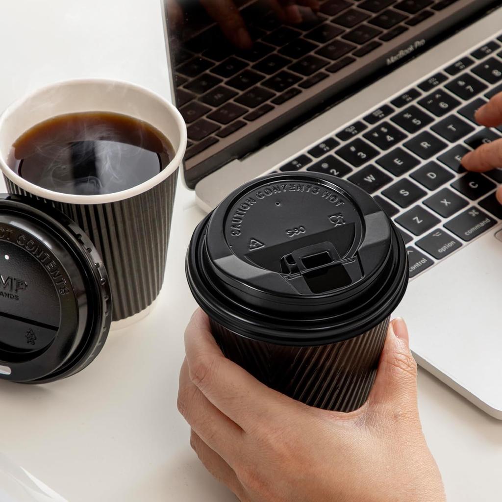 Pack 150 Insulated Corrugated Paper Cups with Lid Disposable Leak Proof Hot Coffee Cups with Lids for Travel Office for Tea