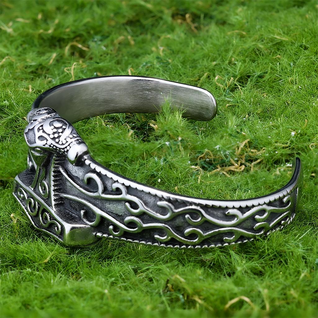 Norse Mythology Viking Thor Hammer Stainless Steel Men's C-shaped Open Bracelet