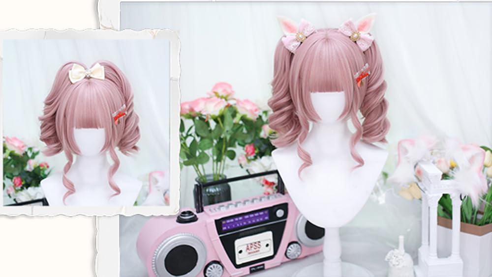 Princess cut, fluffy, natural curls, Harajuku-style Lolita wig with pigtail net, heat-resistant, dreamy, cute, cosplay, and everyday wear (pink)