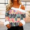 Women's Off-the-shoulder Plush Neck Printed Long-sleeved Pullover T-shirt Top