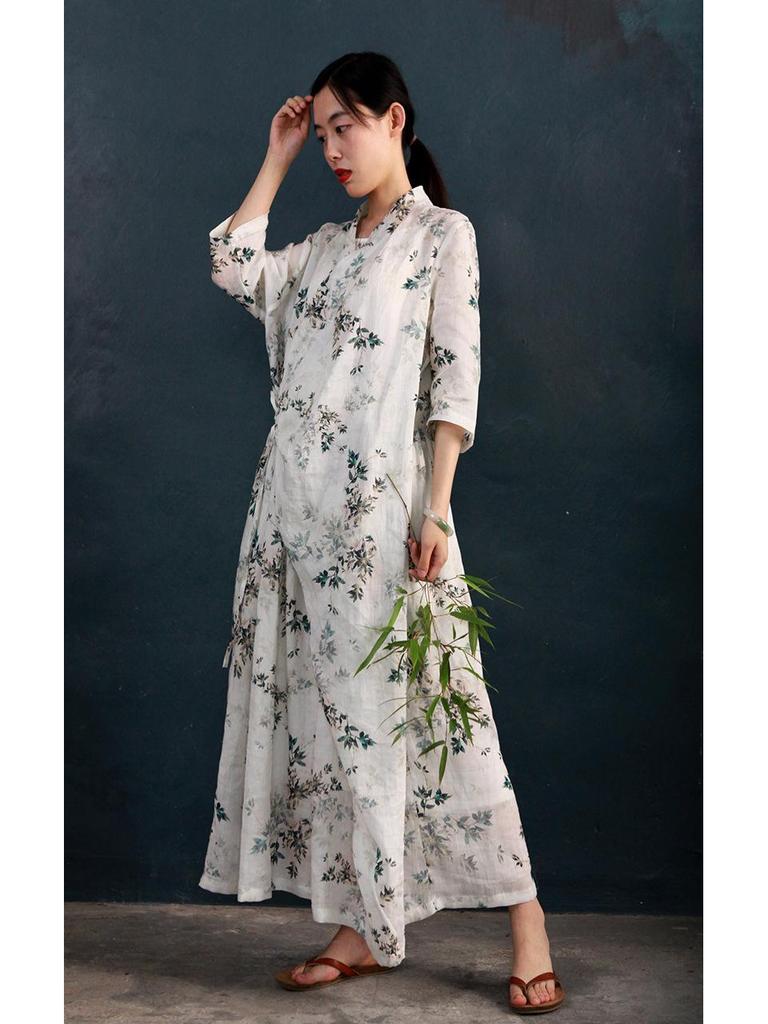 Mountain Spirit Sheer Flowy Tie-Waist Long Dress with Irregular Neckline, Women's Ramie Tea Dress