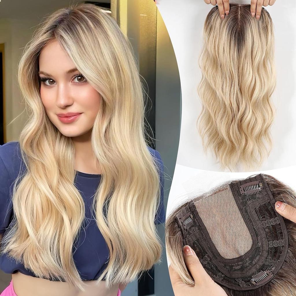 20 Inch Natural Brown Synthetic Hair Toppers Long Wavy Hairpieces for Women 6" ×6" Large Base Lace Front Hair Topper Clips In