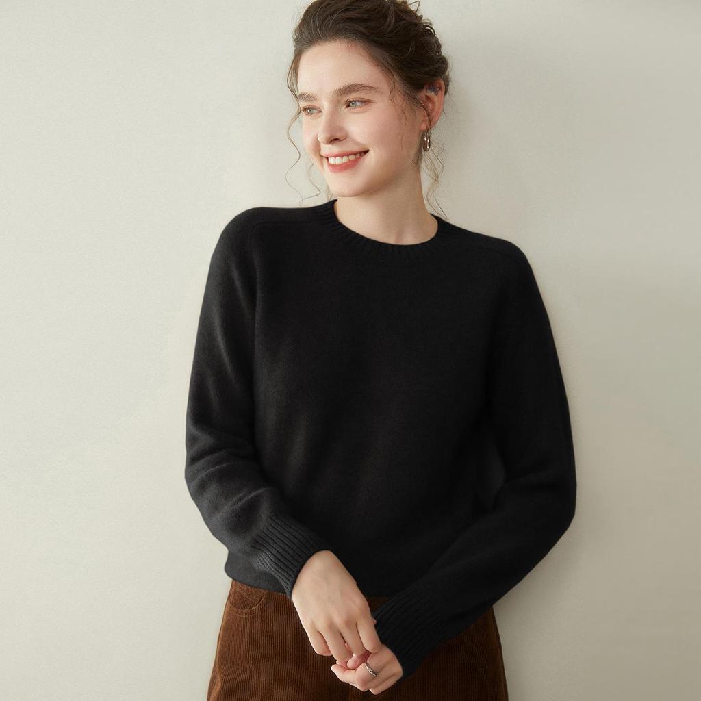 Damen Kaschmir Pullover mit Rundhalsausschnitt - Herbst/Winter Kollektion 2025, Sattelschulter, Verdickt, Uni-Farben, Lockere Passform, Figurschmeichelnde Strick-Basis.